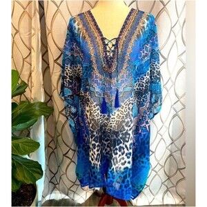 NWT True Colours by La Moda Embellished Royal Blue Print Swim Cover Up Dress O/S